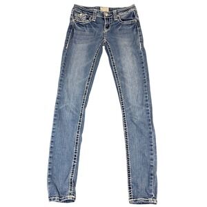 LA Idol USA Women's Skinny Jeans Size 1 Medium Wash‎ Thick Stitch Crystal Y2K